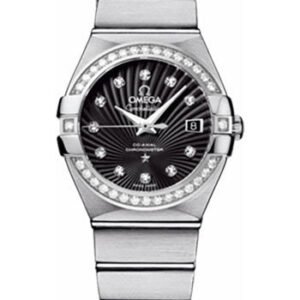 Omega Ladies Constellation Chronometer Watch - 27 mm Brushed Steel Case - Diamond Bezel - Black Supernova Diamond Dial - 123.15.27.20.51.001