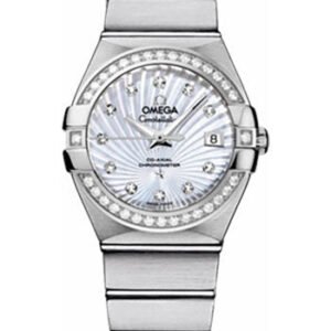 Omega Ladies Constellation Chronometer Watch - 27 mm Brushed Steel Case - Diamond Bezel - Mother-Of-Pearl Supernova Diamond Dial - 123.15.27.20.55.001