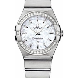 Omega Ladies Constellation Quartz Watch - 27 mm Brushed Steel Case - Diamond Bezel - Mother-Of-Pearl Dial - 123.15.27.60.05.001