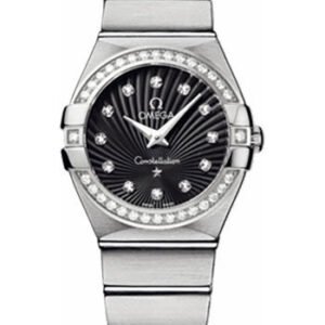 Omega Ladies Constellation Quartz Watch - 27 mm Brushed Steel Case - Diamond Bezel - Black Diamond Dial - 123.15.27.60.51.001