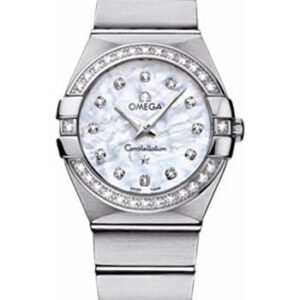 Omega Ladies Constellation Quartz Watch - 27 mm Brushed Steel Case - Diamond Bezel - Mother-Of-Pearl Diamond Dial - 123.15.27.60.55.001