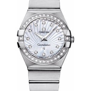Omega Ladies Constellation Quartz Watch - 27 mm Brushed Steel Case - Diamond Bezel - Mother-Of-Pearl Diamond Dial - 123.15.27.60.55.002