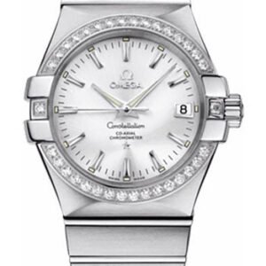 Omega Gents Constellation Chronometer Watch - 35 mm Brushed Steel Case - Diamond Bezel - Silver Dial - 123.15.35.20.02.001