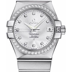 Omega Gents Constellation Chronometer Watch - 35 mm Brushed Steel Case - Diamond Bezel - Silver Diamond Dial - 123.15.35.20.52.001