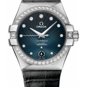Omega Ladies Constellation Chronometer Watch - 35 mm Brushed Steel Case - Diamond Bezel - Blue Diamond Dial - Black Leather Strap - 123.18.35.20.56.001