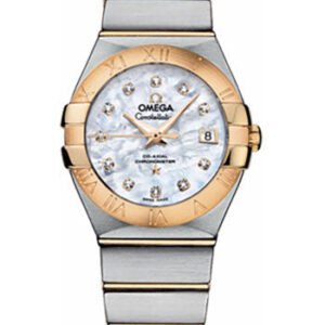 Omega Ladies Constellation Chronometer Watch - 27 mm Brushed Steel And Yellow Gold Case - Mother-Of-Pearl Diamond Dial - 123.20.27.20.55.003