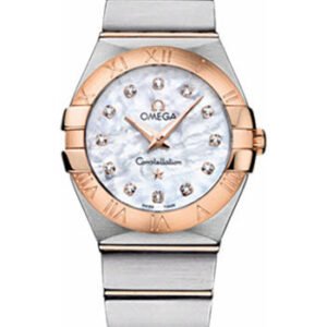 Omega Ladies Constellation Quartz Watch - 27 mm Brushed Steel And Red Gold Case - Mother-Of-Pearl Diamond Dial - 123.20.27.60.55.001
