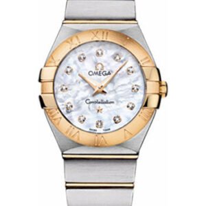 Omega Ladies Constellation Quartz Watch - 27 mm Brushed Steel And Yellow Gold Case - Mother-Of-Pearl Diamond Dial - 123.20.27.60.55.002