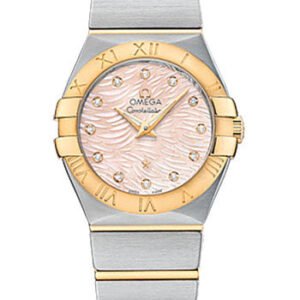 Omega Constellation Quartz Watch - 27 mm Steel Case - 18K Yellow Gold Bezel - Pink Mother-Of-Pearl Diamond Dial - 123.20.27.60.57.005
