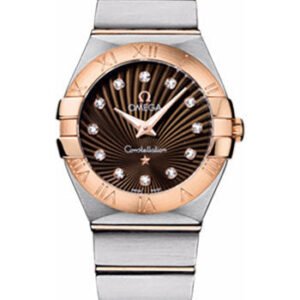 Omega Ladies Constellation Quartz Watch - 27 mm Brushed Steel And Red Gold Case - Brown Diamond Dial - 123.20.27.60.63.001