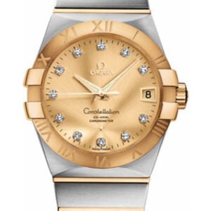 Omega Gents Constellation Chronometer Watch - 38 mm Brushed Steel And Yellow Gold Case - Champagne Diamond Dial - 123.20.38.21.58.001