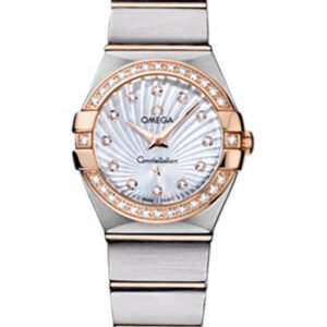 Omega Ladies Constellation Quartz Watch - 24 mm Brushed Steel And Red Gold Case - Diamond Bezel - Mother-Of-Pearl Diamond Dial - 123.25.24.60.55.002