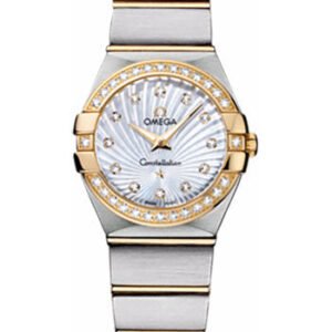 Omega Ladies Constellation Quartz Watch - 24 mm Brushed Steel And Yellow Gold Case - Diamond Bezel - Mother-Of-Pearl Diamond Dial - 123.25.24.60.55.004