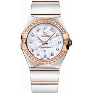 Omega Ladies Constellation Polished Quartz Watch - 24 mm Polished Steel And Red Gold Case - Diamond Bezel - Mother-Of-Pearl Diamond Dial - Steel And Red Gold Bracelet - 123.25.24.60.55.005