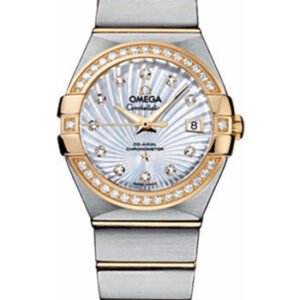 Omega Ladies Constellation Chronometer Watch - 27 mm Brushed Steel And Yellow Gold Case - Diamond Bezel - Mother-Of-Pearl Supernova Diamond Dial - 123.25.27.20.55.002