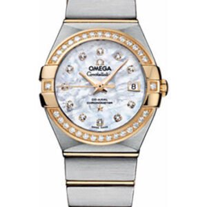 Omega Ladies Constellation Chronometer Watch - 27 mm Brushed Steel And Yellow Gold Case - Diamond Bezel - Mother-Of-Pearl Diamond Dial - 123.25.27.20.55.003