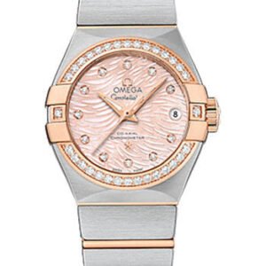 Omega Constellation Co-Axial 27 mm Watch - 27.0 mm Steel Case - Red Gold Diamond Bezel - Pink Mother-Of-Pearl Diamond Dial - 123.25.27.20.57.004