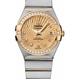 Omega Ladies Constellation Chronometer Watch - 27 mm Brushed Steel And Yellow Gold Case - Diamond Bezel - Champagne Supernova Diamond Dial - 123.25.27.20.58.001