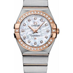 Omega Ladies Constellation Quartz Watch - 27 mm Brushed Steel And Red Gold Case - Diamond Bezel - Mother-Of-Pearl Diamond Dial - 123.25.27.60.55.001