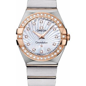 Omega Ladies Constellation Quartz Watch - 27 mm Brushed Steel And Red Gold Case - Diamond Bezel - Mother-Of-Pearl Diamond Dial - 123.25.27.60.55.002