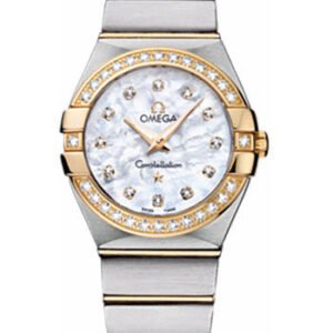 Omega Ladies Constellation Quartz Watch - 27 mm Brushed Steel And Yellow Gold Case - Diamond Bezel - Mother-Of-Pearl Diamond Dial - 123.25.27.60.55.003