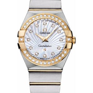 Omega Ladies Constellation Quartz Watch - 27 mm Brushed Steel And Yellow Gold Case - Diamond Bezel - Mother-Of-Pearl Diamond Dial - 123.25.27.60.55.004