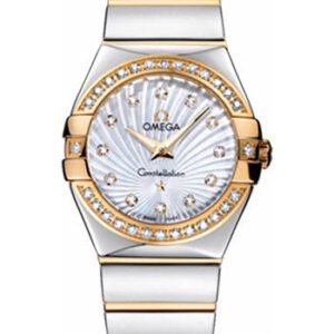 Omega Ladies Constellation Polished Quartz Watch - 27 mm Polished Steel And Yellow Gold Case - Diamond Bezel - Mother-Of-Pearl Diamond Dial - Steel And Yellow Gold Bracelet - 123.25.27.60.55.008