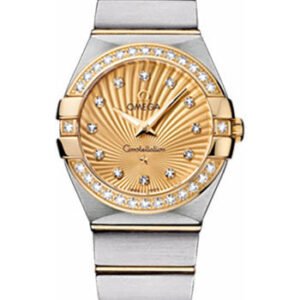 Omega Ladies Constellation Quartz Watch - 27 mm Brushed Steel And Yellow Gold Case - Diamond Bezel - Champagne Diamond Dial - 123.25.27.60.58.001