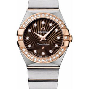 Omega Ladies Constellation Quartz Watch - 27 mm Brushed Steel And Red Gold Case - Diamond Bezel - Brown Diamond Dial - 123.25.27.60.63.001