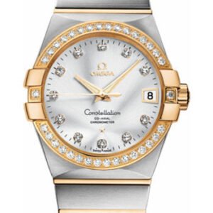 Omega Gents Constellation Chronometer Watch - 38 mm Brushed Steel And Yellow Gold Case - Diamond Bezel - Silver Diamond Dial - 123.25.38.21.52.002