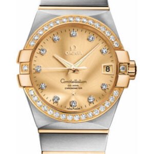 Omega Gents Constellation Chronometer Watch - 38 mm Brushed Steel And Yellow Gold Case - Diamond Bezel - Champagne Diamond Dial - 123.25.38.21.58.001