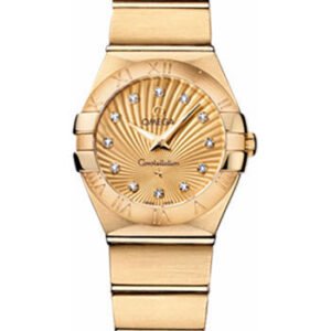 Omega Ladies Constellation Quartz Watch - 24 mm Brushed Yellow Gold Case - Champagne Diamond Dial - 123.50.24.60.58.001