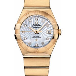 Omega Ladies Constellation Chronometer Watch - 27 mm Brushed Yellow Gold Case - Mother-Of-Pearl Supernova Diamond Dial - 123.50.27.20.55.002