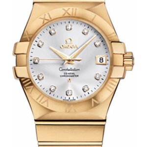 Omega Gents Constellation Chronometer Watch - 35 mm Brushed Yellow Gold Case - Silver Diamond Dial - 123.50.35.20.52.002