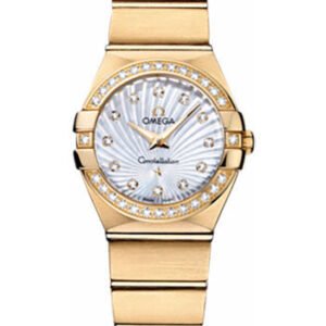 Omega Ladies Constellation Quartz Watch - 24 mm Brushed Yellow Gold Case - Diamond Bezel - Mother-Of-Pearl Diamond Dial - 123.55.24.60.55.003