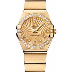 Omega Ladies Constellation Quartz Watch - 24 mm Brushed Yellow Gold Case - Diamond Bezel - Champagne Diamond Dial - 123.55.24.60.58.001
