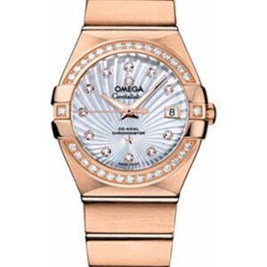 Omega Ladies Constellation Chronometer Watch - 27 mm Brushed Red Gold Case - Diamond Bezel - Mother-Of-Pearl Supernova Diamond Dial - 123.55.27.20.55.001