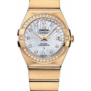 Omega Ladies Constellation Chronometer Watch - 27 mm Brushed Yellow Gold Case - Diamond Bezel - Mother-Of-Pearl Supernova Diamond Dial - 123.55.27.20.55.002