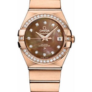 Omega Ladies Constellation Chronometer Watch - 27 mm Brushed Red Gold Case - Diamond Bezel - Dark Mother-Of-Pearl Diamond Dial - 123.55.27.20.57.001