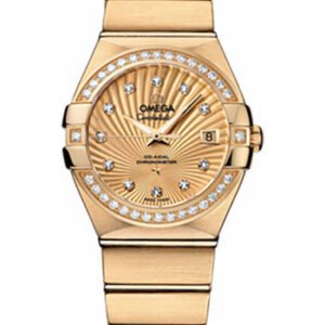 Omega Ladies Constellation Chronometer Watch - 27 mm Brushed Yellow Gold Case - Diamond Bezel - Champagne Supernova Diamond Dial - 123.55.27.20.58.001