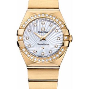 Omega Ladies Constellation Quartz Watch - 27 mm Brushed Yellow Gold Case - Diamond Bezel - Mother-Of-Pearl Diamond Dial - 123.55.27.60.55.003