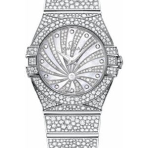 Omega Ladies Constellation Luxury Edition Watch - 27 mm White Gold Case - Snow-Set Diamond Bezel - Mother-Of-Pearl Diamond Dial - 123.55.27.60.55.010