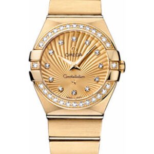 Omega Ladies Constellation Quartz Watch - 27 mm Brushed Yellow Gold Case - Diamond Bezel - Champagne Diamond Dial - 123.55.27.60.58.001