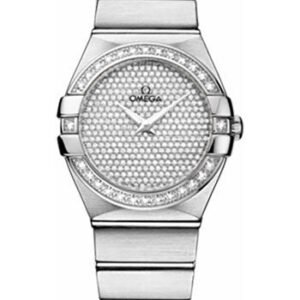 Omega Ladies Constellation Quartz Watch - 27 mm Brushed White Gold Case - Diamond Bezel - Diamond Paved Dial - 123.55.27.60.99.001