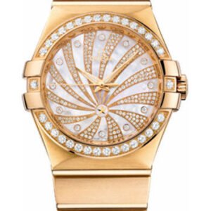 Omega Ladies Constellation Luxury Edition Watch - 35 mm Brushed Yellow Gold Case - Diamond Bezel - Mother-Of-Pearl Diamond Dial - 123.55.35.20.55.001