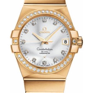 Omega Gents Constellation Chronometer Watch - 38 mm Brushed Yellow Gold Case - Diamond Bezel - Silver Diamond Dial - 123.55.38.21.52.002