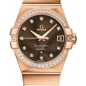 Omega Gents Constellation Chronometer Watch - 38 mm Brushed Red Gold Case - Diamond Bezel - Brown Diamond Dial - 123.55.38.21.63.001