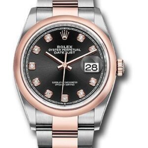 Rolex Steel and Everose Rolesor Datejust 36 Watch - Domed Bezel - Black Diamond Dial - Oyster Bracelet - 126201 bkdo
