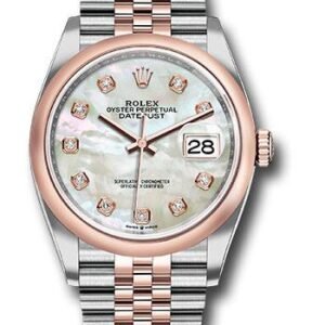Rolex Steel and Everose Rolesor Datejust 36 Watch - Domed Bezel - White Mother-Of-Pearl Diamond Dial - Jubilee Bracelet - 126201 mdj