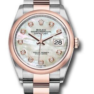 Rolex Steel and Everose Rolesor Datejust 36 Watch - Domed Bezel - White Mother-Of-Pearl Diamond Dial - Oyster Bracelet - 126201 mdo